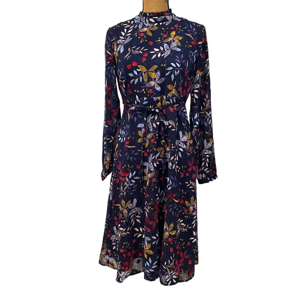 AMARYLLIS Navy Blue Multi Floral High Neck Long Sleeve Boho Dress UK 12 US 6